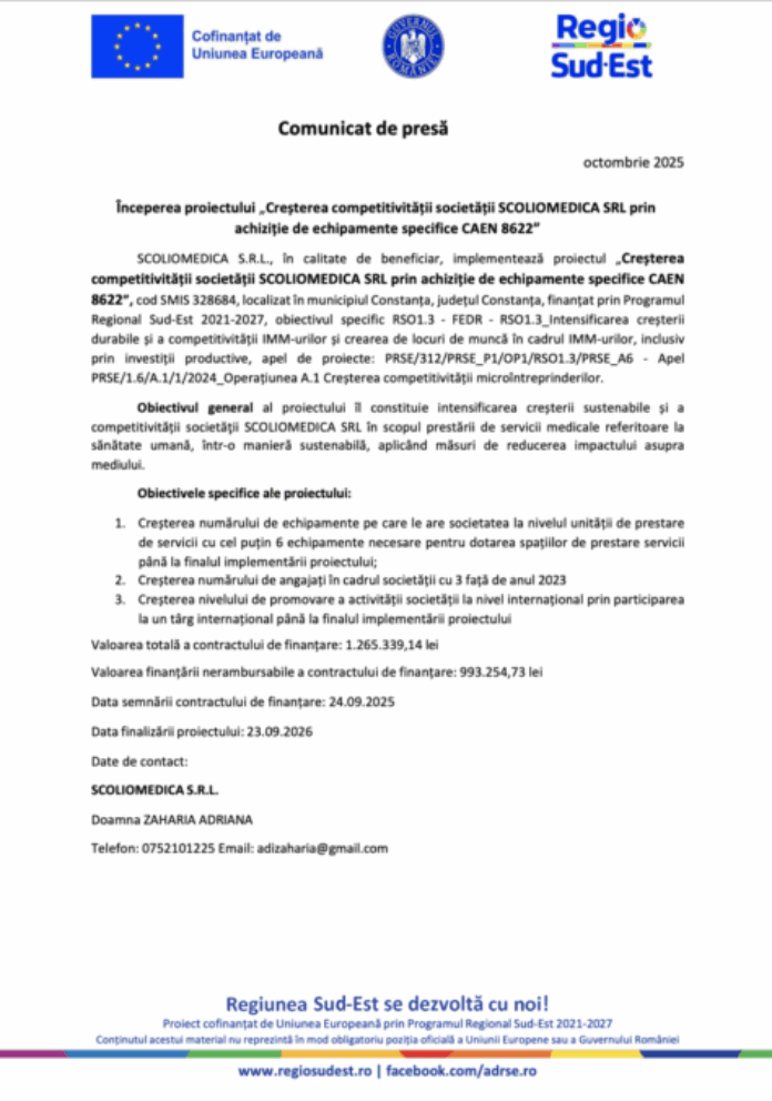 Anunt incepere proiect SCOLIOMEDICA SRL